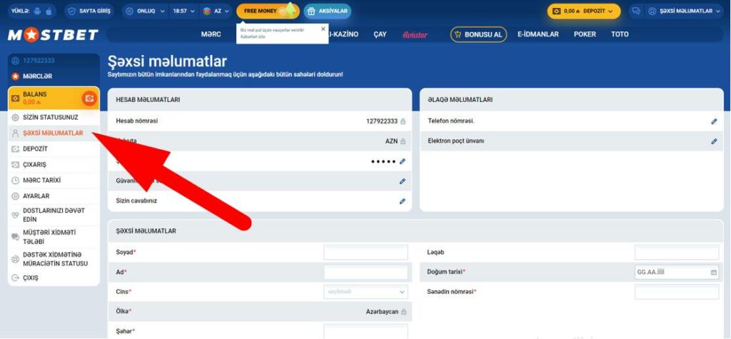 Mostbet bukmeker kontorunun şəxsi hesabında şəxsi məlumatlar